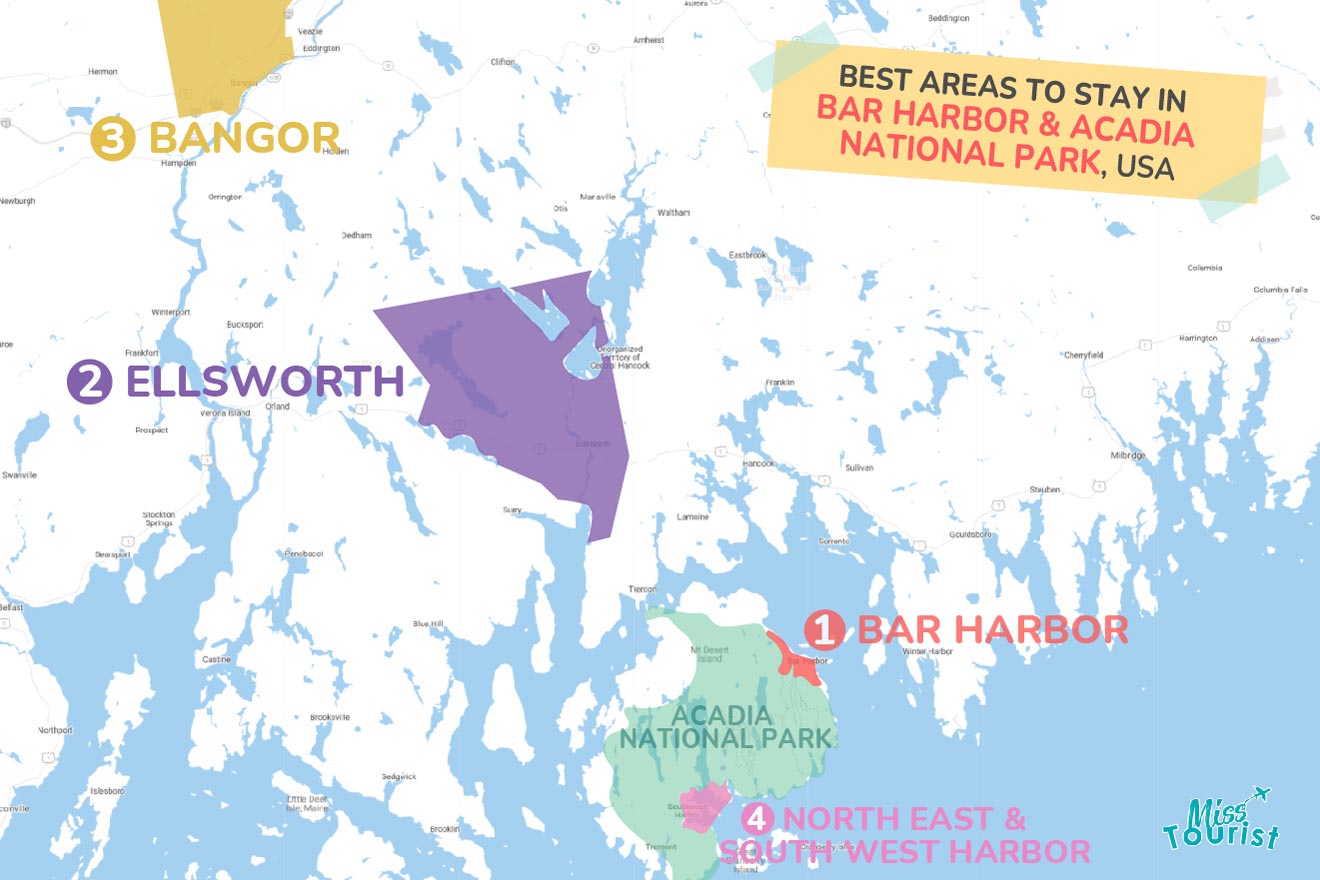 Map of best places to stay Bar Harbor and Acadia National Park